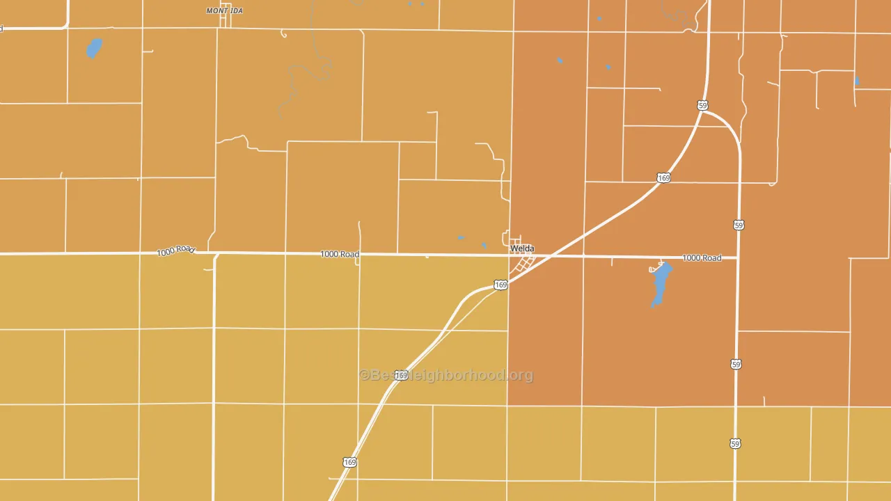 Map of the best neighborhoods in the Welda area, with better matches in green and worse matches in red