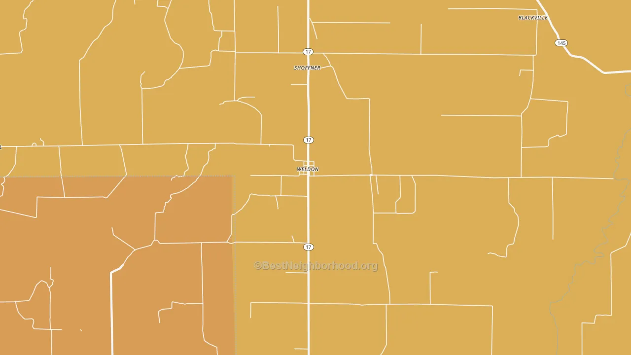 Map of the best neighborhoods in the Weldon area, with better matches in green and worse matches in red
