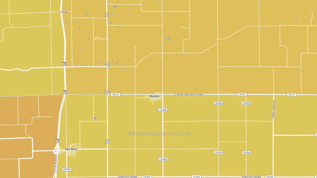 Map of the best neighborhoods in the Weldon area, with better matches in green and worse matches in red