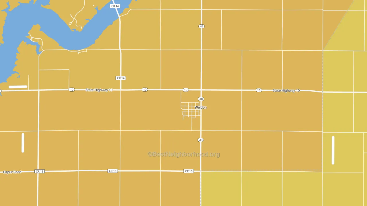 Map of the best neighborhoods in the Weldon area, with better matches in green and worse matches in red