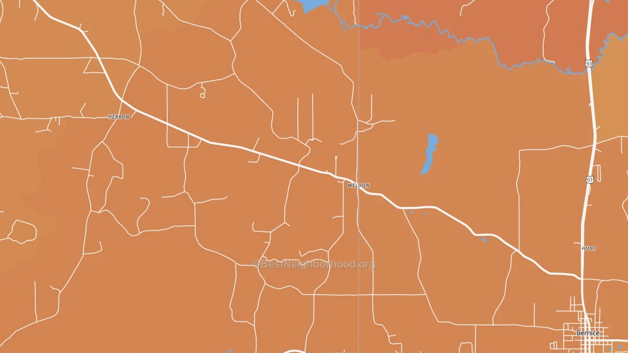 Map of the best neighborhoods in the Weldon area, with better matches in green and worse matches in red