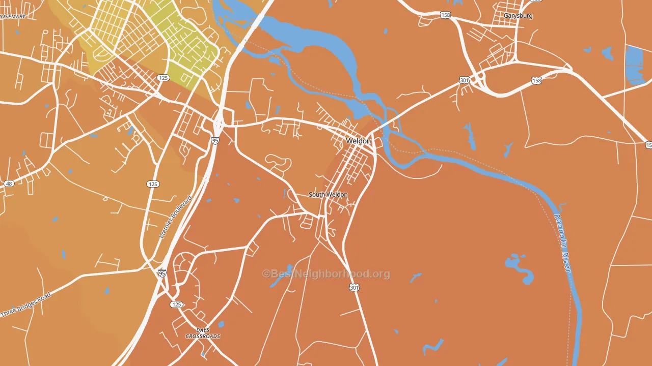 Map of the best neighborhoods in the Weldon area, with better matches in green and worse matches in red