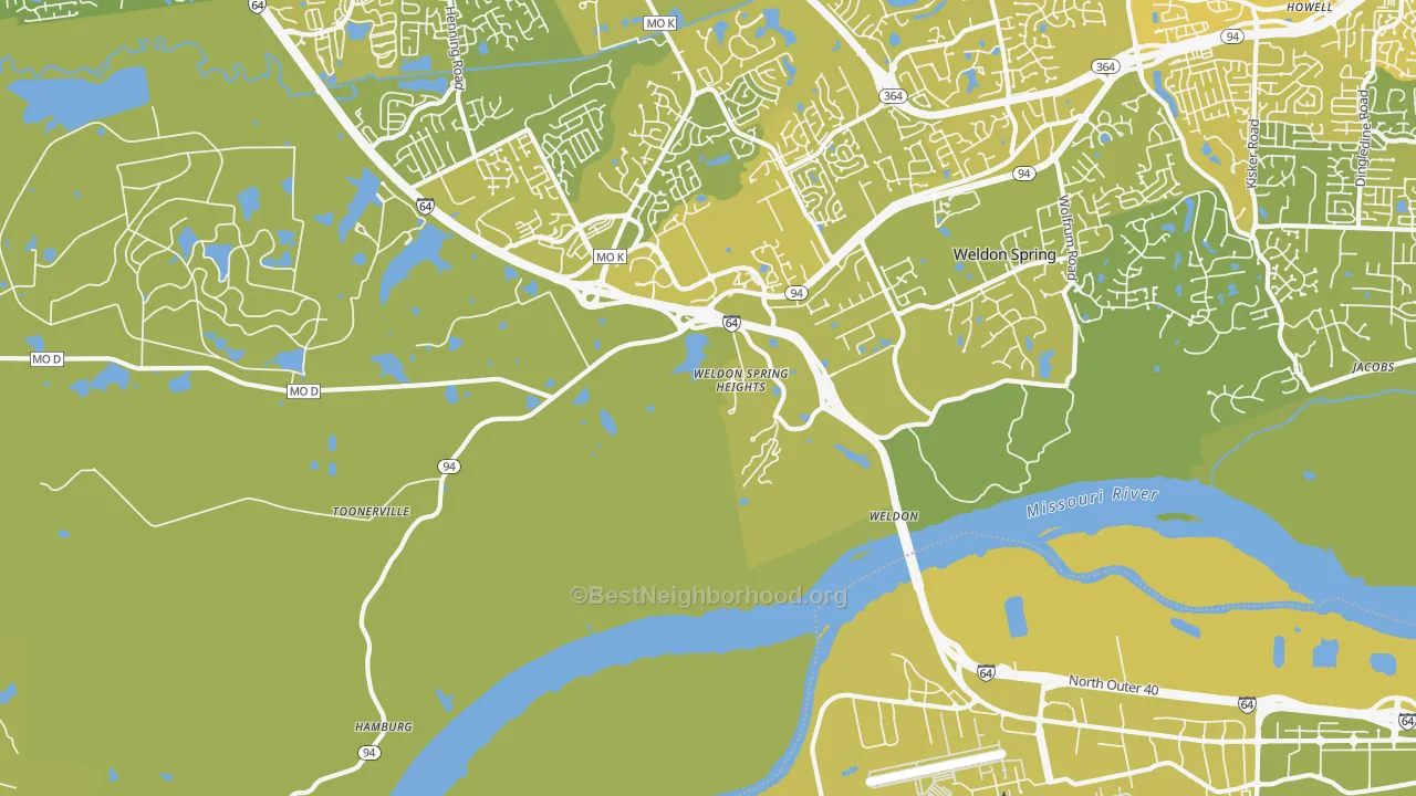 Map of the best neighborhoods in the Weldon Spring Heights area, with better matches in green and worse matches in red