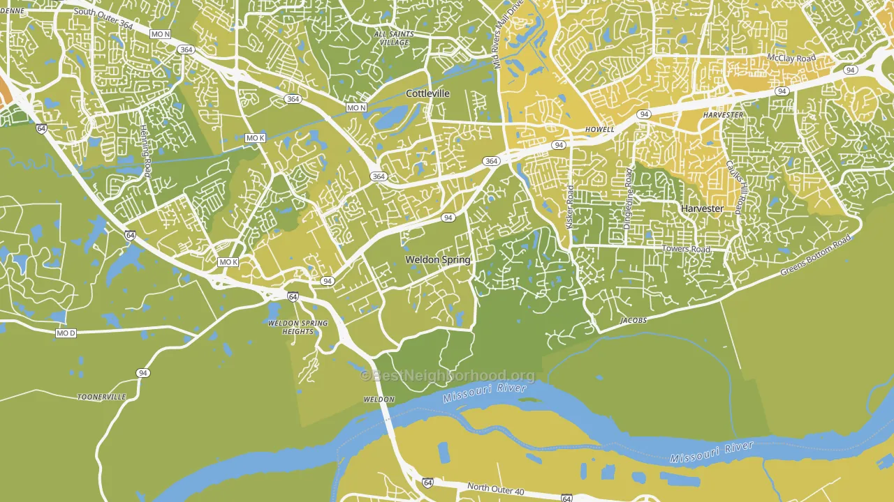 Map of the best neighborhoods in the Weldon Spring area, with better matches in green and worse matches in red