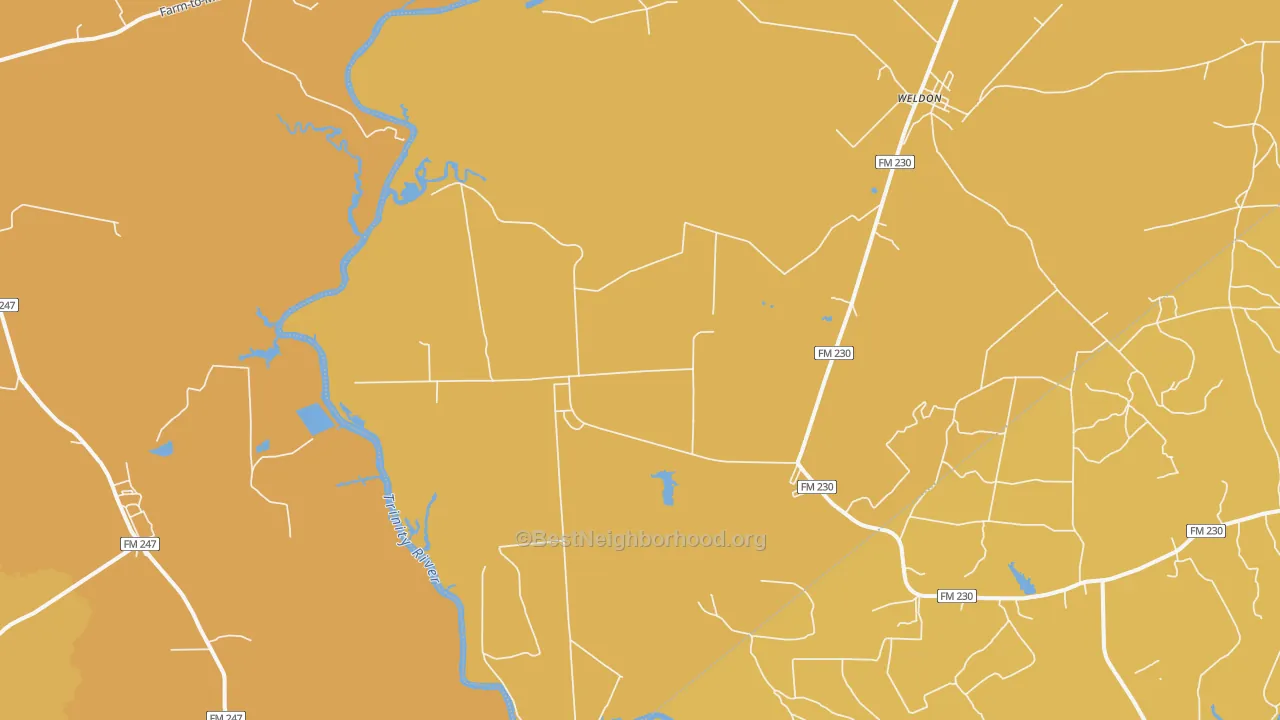 Map of the best neighborhoods in the Weldon area, with better matches in green and worse matches in red