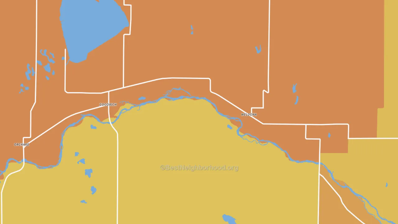 Map of the best neighborhoods in the Weldona area, with better matches in green and worse matches in red