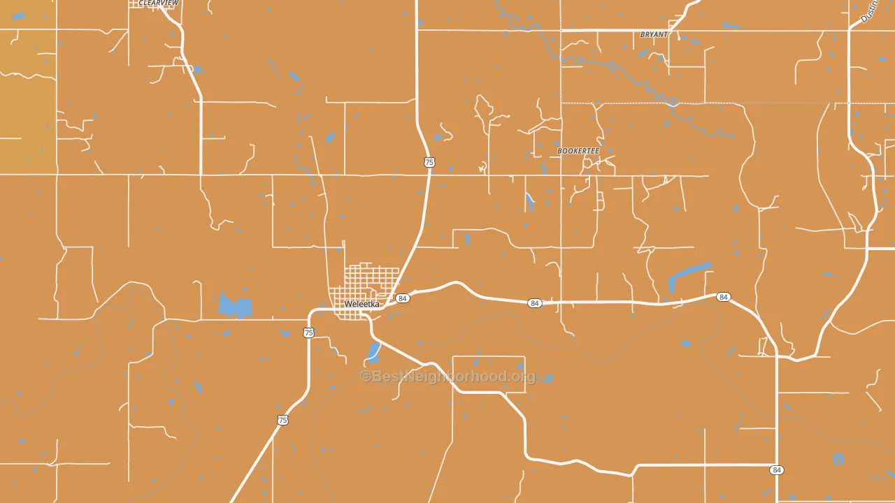 Map of the best neighborhoods in the Weleetka area, with better matches in green and worse matches in red