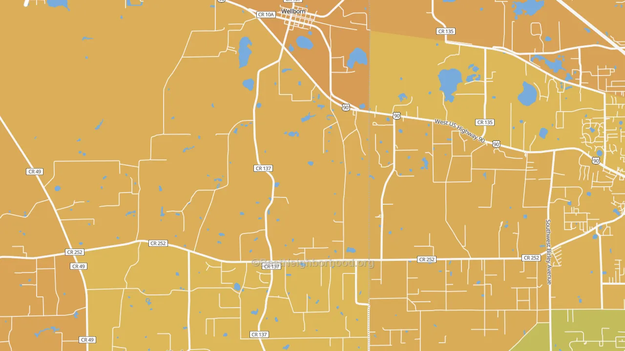 Map of the best neighborhoods in the Wellborn area, with better matches in green and worse matches in red