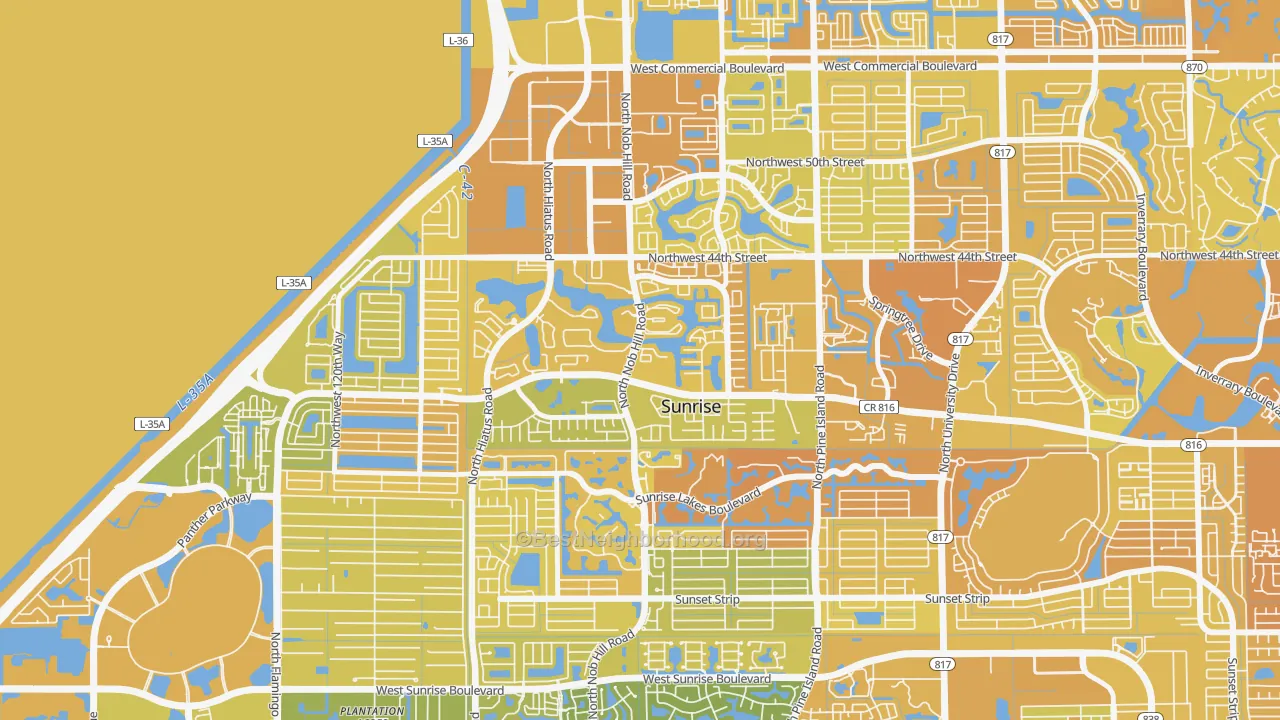 Map of the best neighborhoods in the Welleby, Sunrise area, with better matches in green and worse matches in red