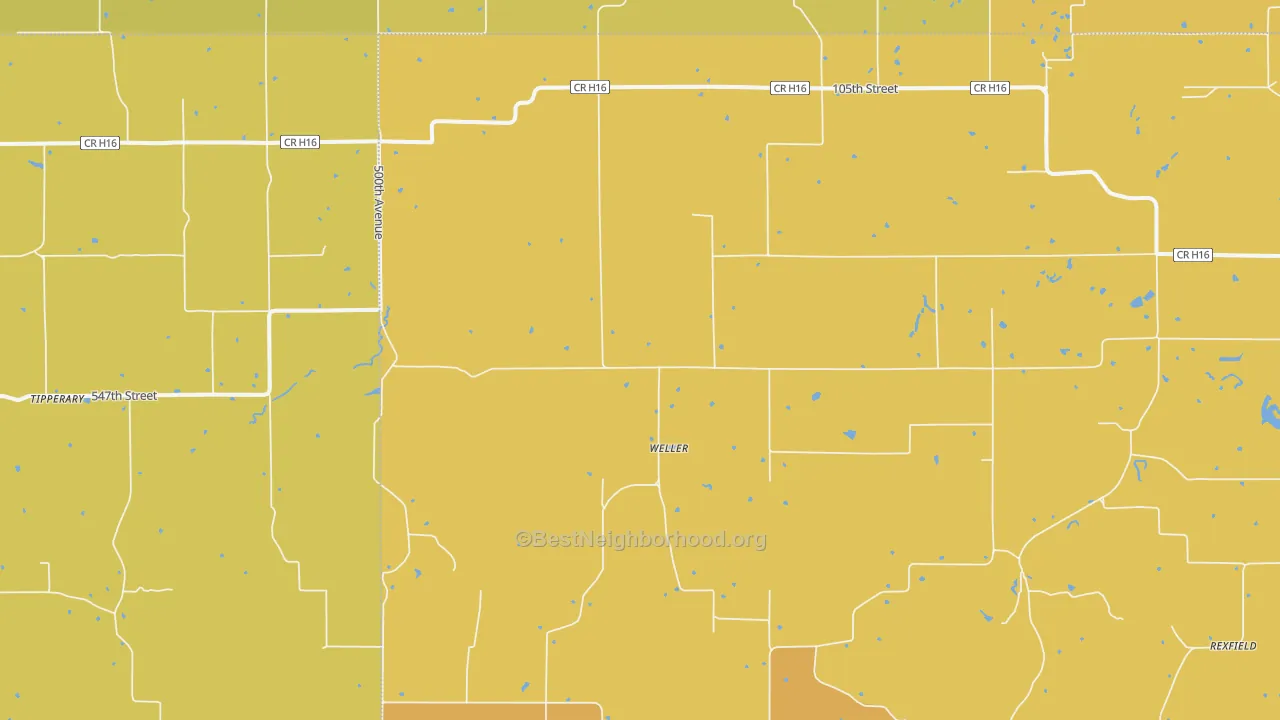 Map of the best neighborhoods in the Weller area, with better matches in green and worse matches in red