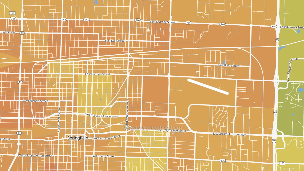 Map of the best neighborhoods in the Weller, Springfield area, with better matches in green and worse matches in red