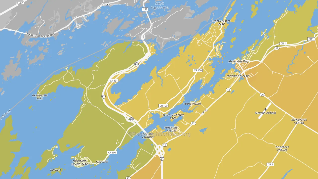 Map of the best neighborhoods in the Wellesley Island area, with better matches in green and worse matches in red