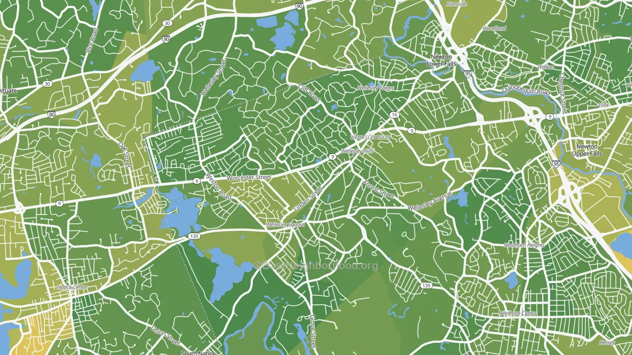 Map of the best neighborhoods in the Wellesley area, with better matches in green and worse matches in red