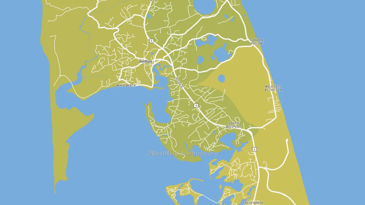 Map of the best neighborhoods in the Wellfleet area, with better matches in green and worse matches in red