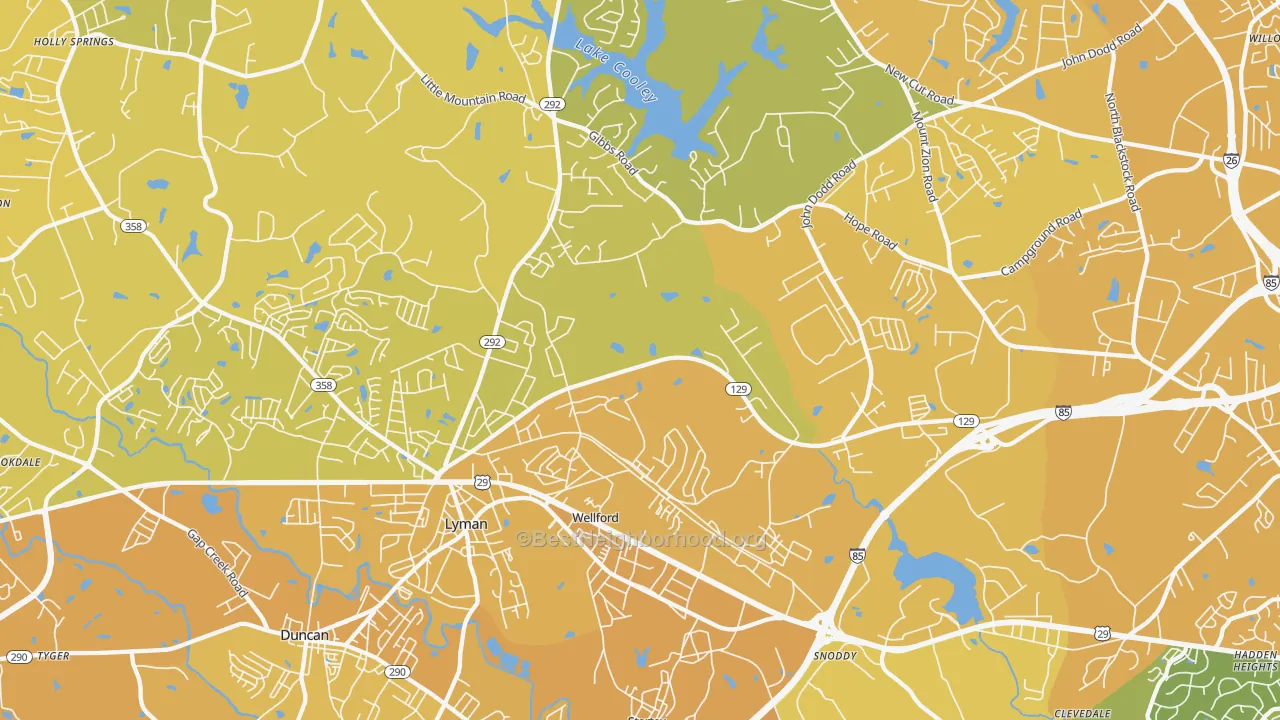 Map of the best neighborhoods in the Wellford area, with better matches in green and worse matches in red