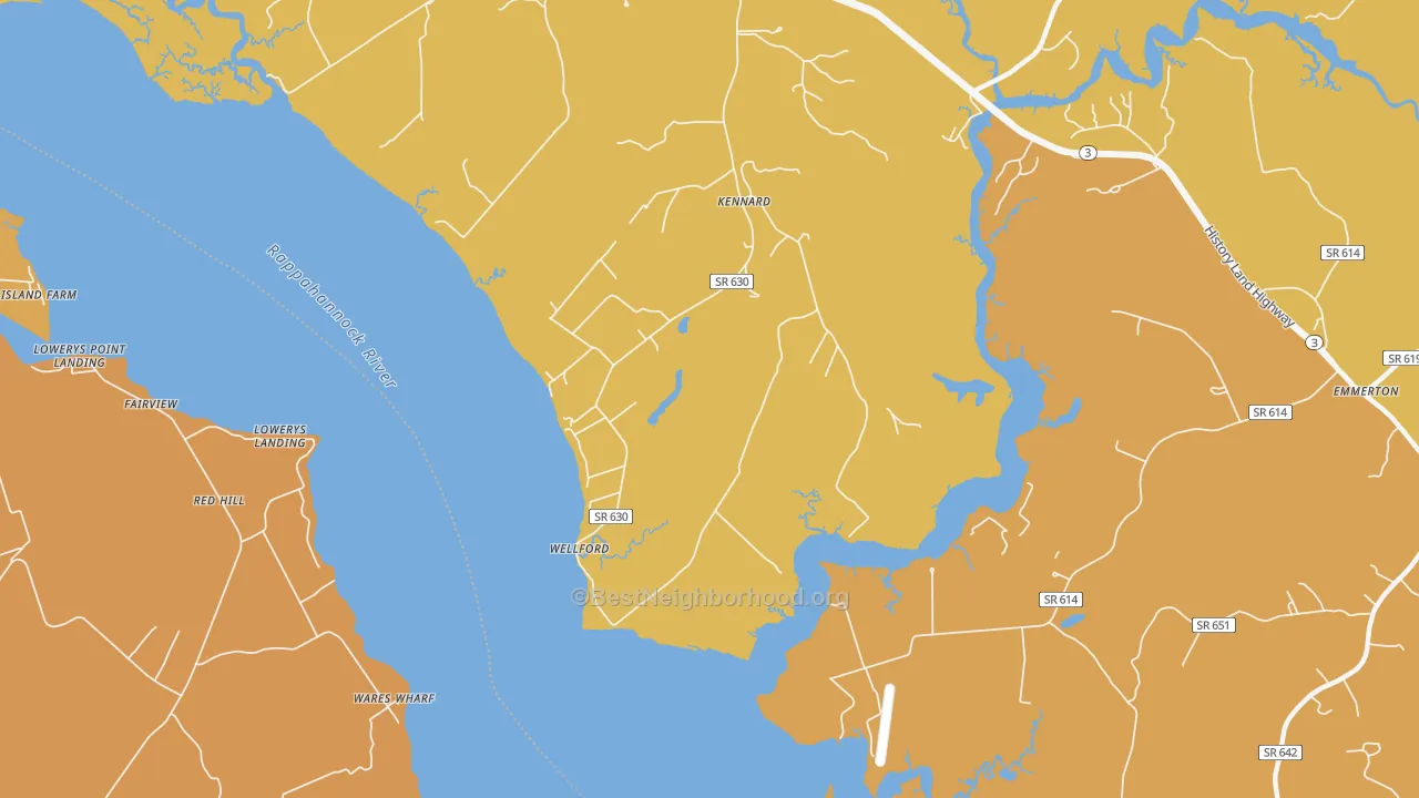 Map of the best neighborhoods in the Wellford area, with better matches in green and worse matches in red