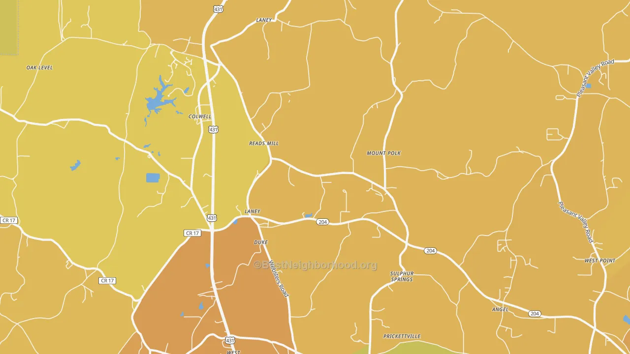 Map of the best neighborhoods in the Wellington area, with better matches in green and worse matches in red