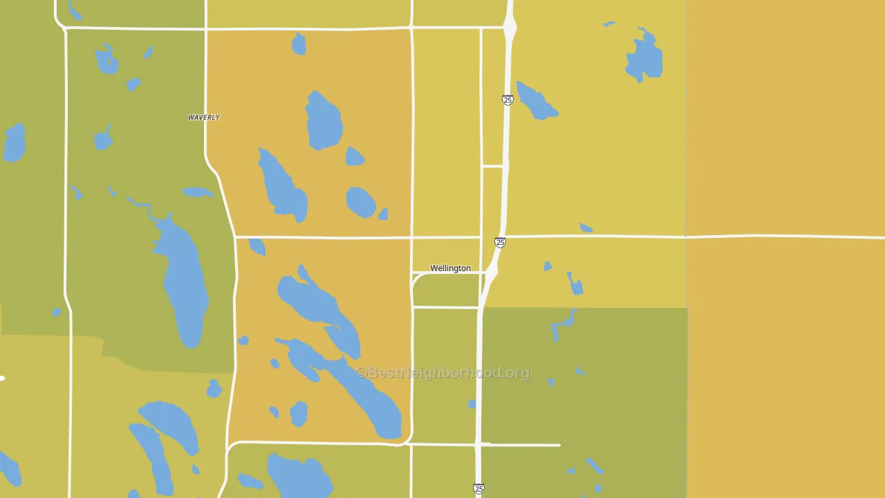 Map of the best neighborhoods in the Wellington area, with better matches in green and worse matches in red