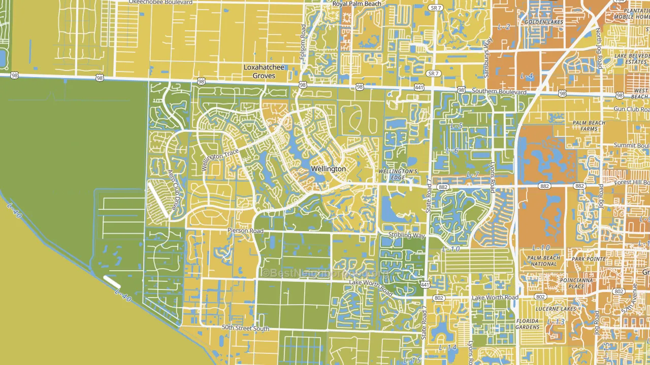 Map of the best neighborhoods in the Wellington area, with better matches in green and worse matches in red