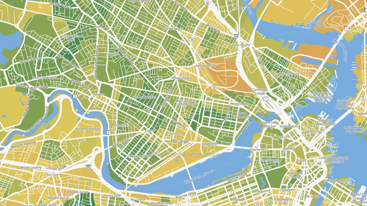 Map of the best neighborhoods in the Wellington-Harrington, Cambridge area, with better matches in green and worse matches in red