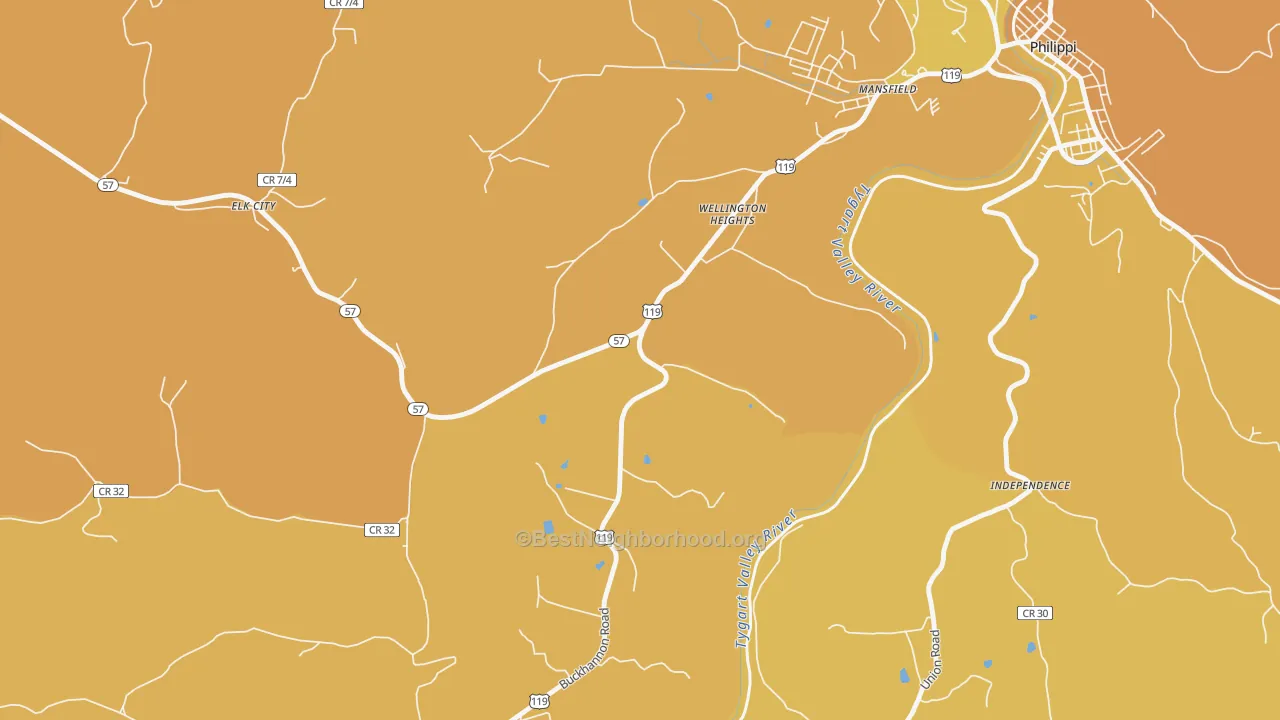 Map of the best neighborhoods in the Wellington Heights area, with better matches in green and worse matches in red