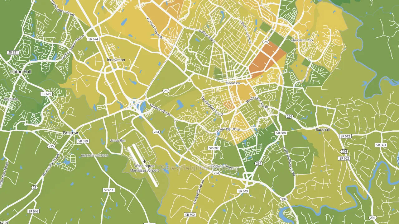 Map of the best neighborhoods in the Wellington, Manassas area, with better matches in green and worse matches in red