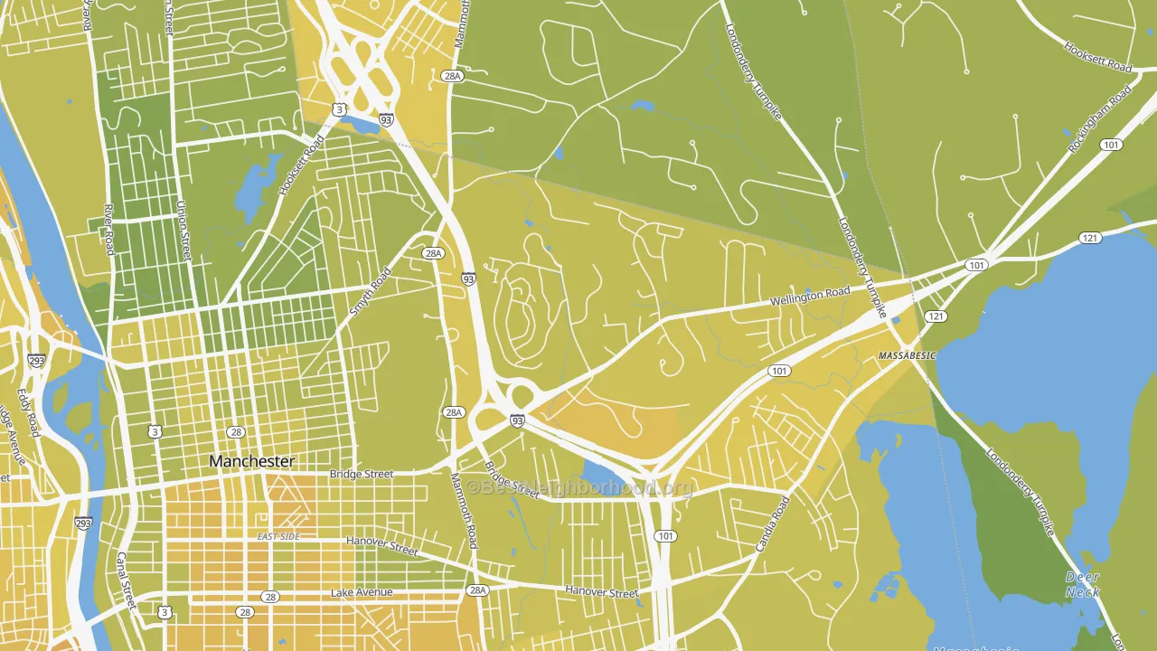 Map of the best neighborhoods in the Wellington, Manchester area, with better matches in green and worse matches in red