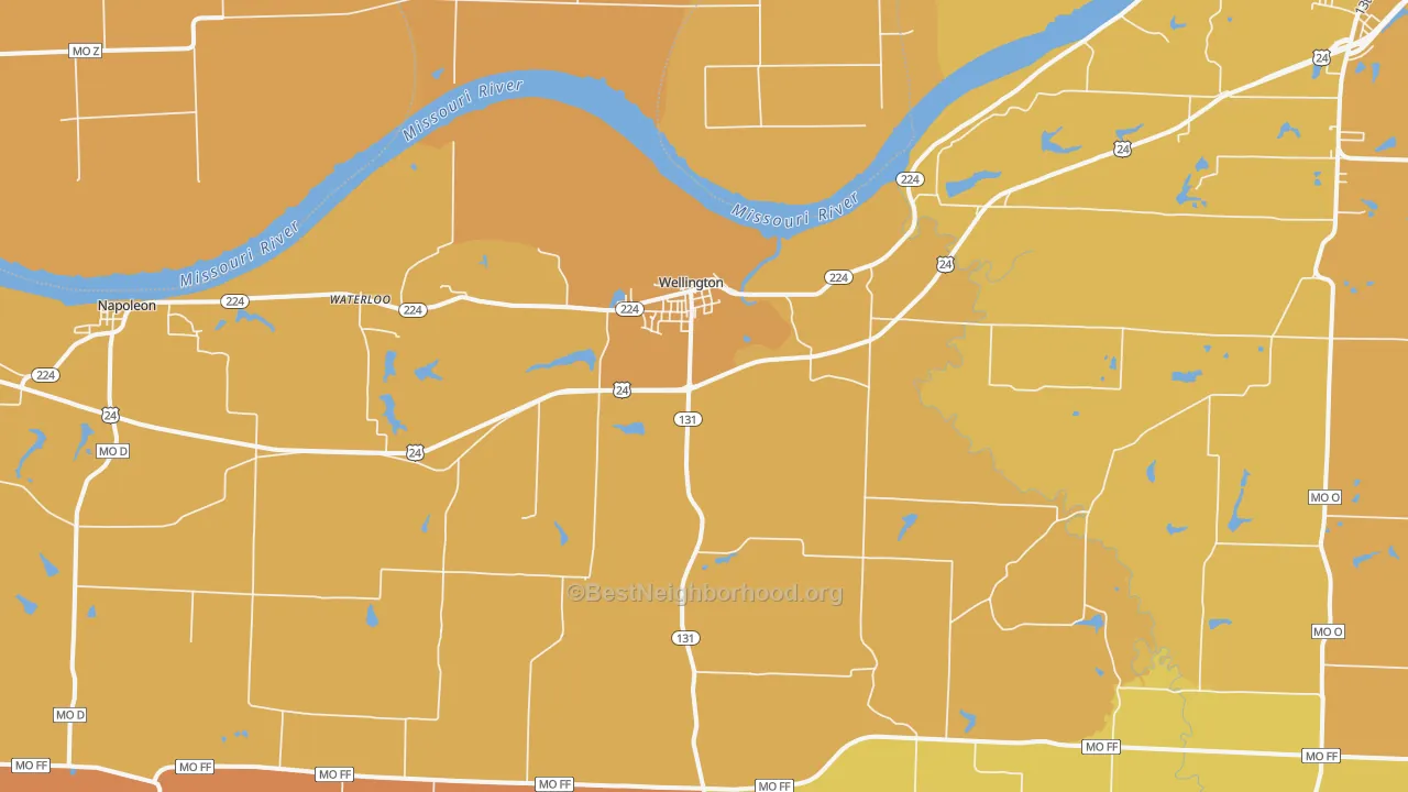 Map of the best neighborhoods in the Wellington area, with better matches in green and worse matches in red