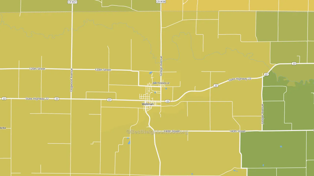 Map of the best neighborhoods in the Wellman area, with better matches in green and worse matches in red