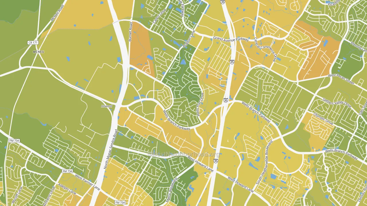 Map of the best neighborhoods in the Wells Branch area, with better matches in green and worse matches in red