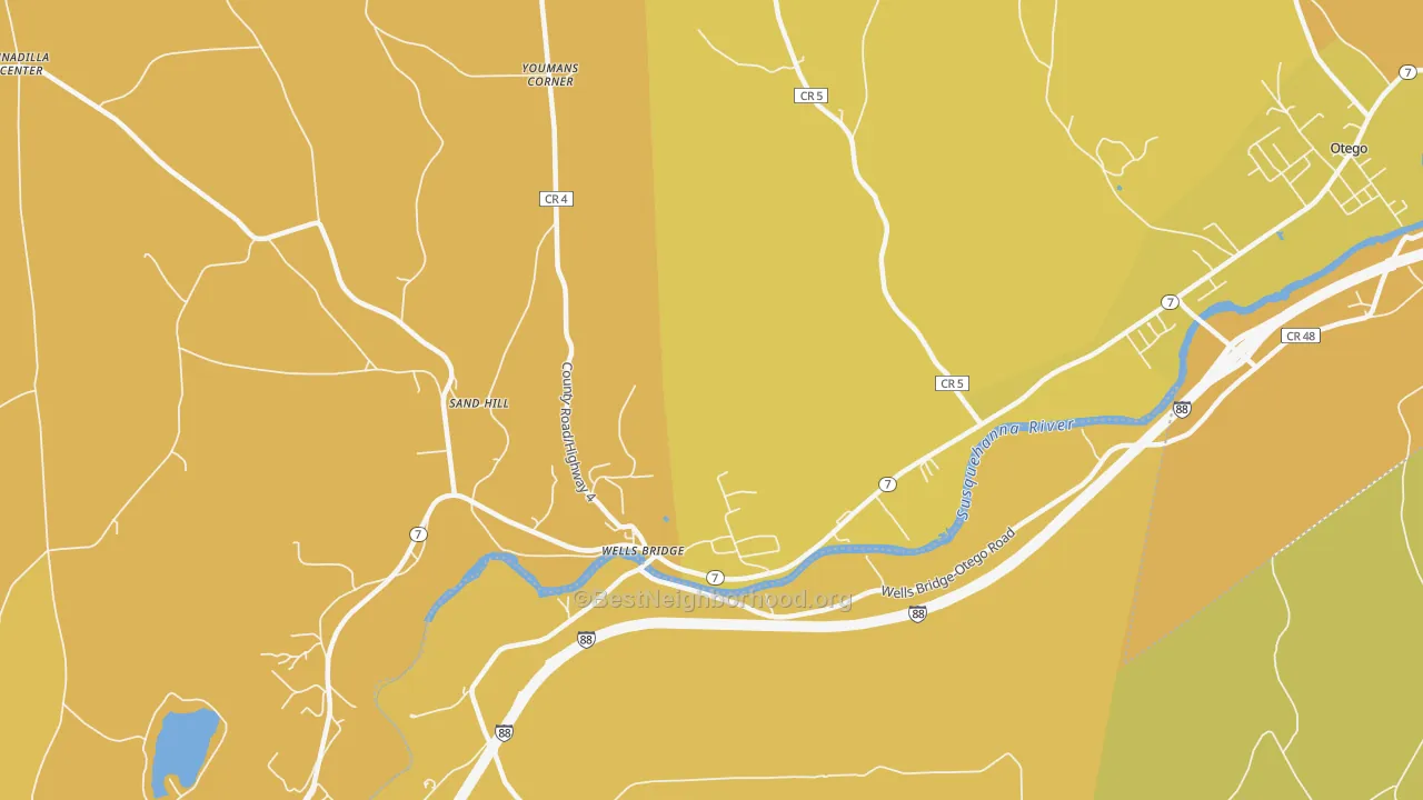 Map of the best neighborhoods in the Wells Bridge area, with better matches in green and worse matches in red