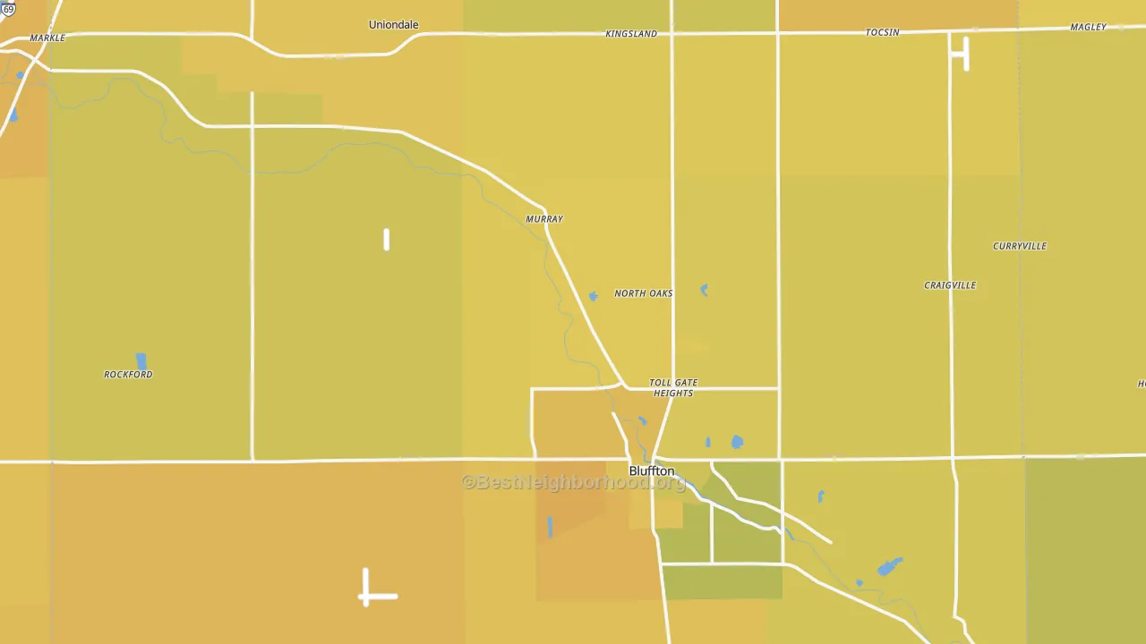 Map of the best neighborhoods in the Wells County area, with better matches in green and worse matches in red