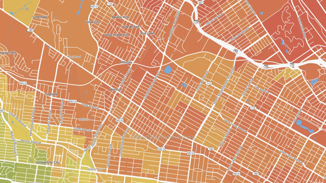 Map of the best neighborhoods in the Wells-Goodfellow, St. Louis area, with better matches in green and worse matches in red