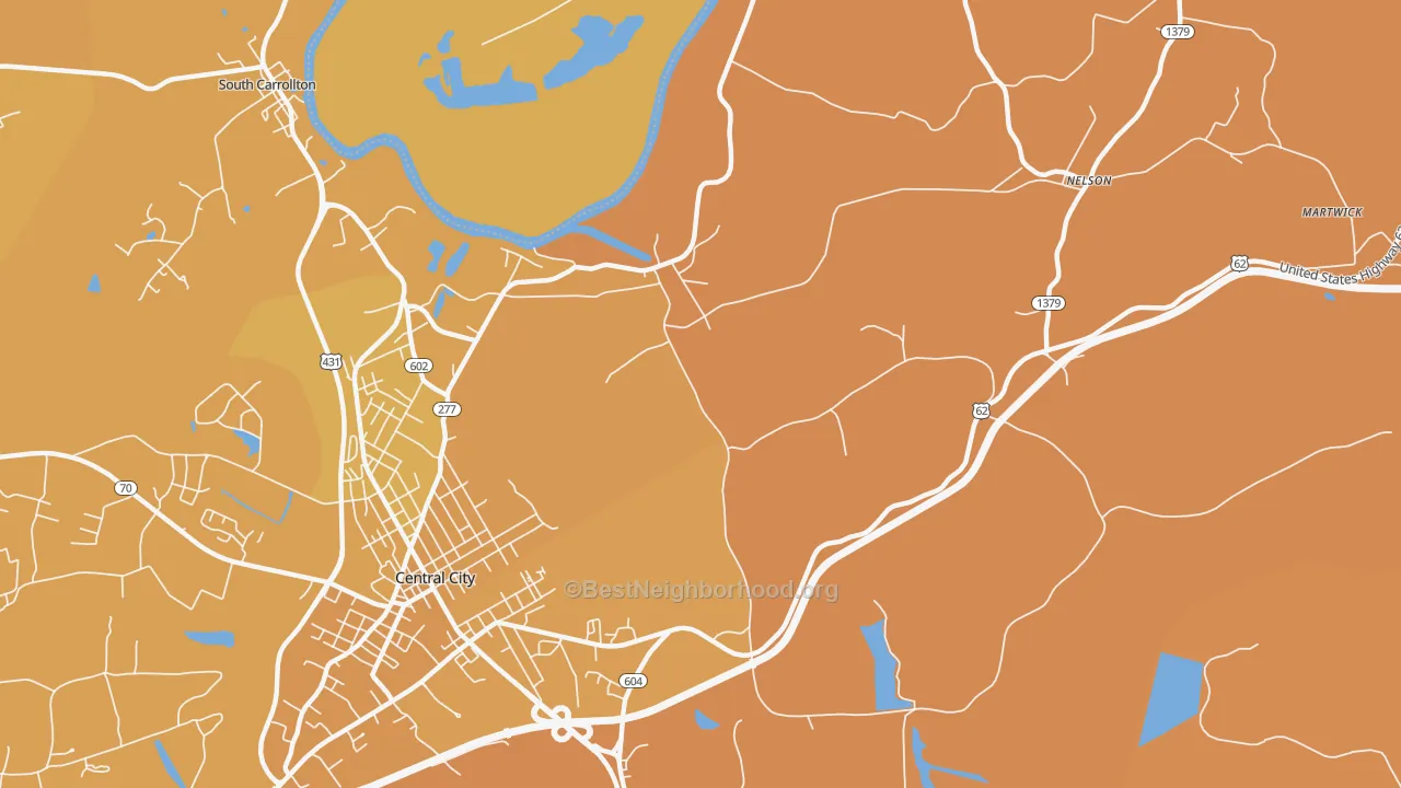 Map of the best neighborhoods in the Wells area, with better matches in green and worse matches in red