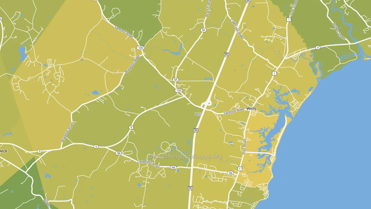 Map of the best neighborhoods in the Wells area, with better matches in green and worse matches in red