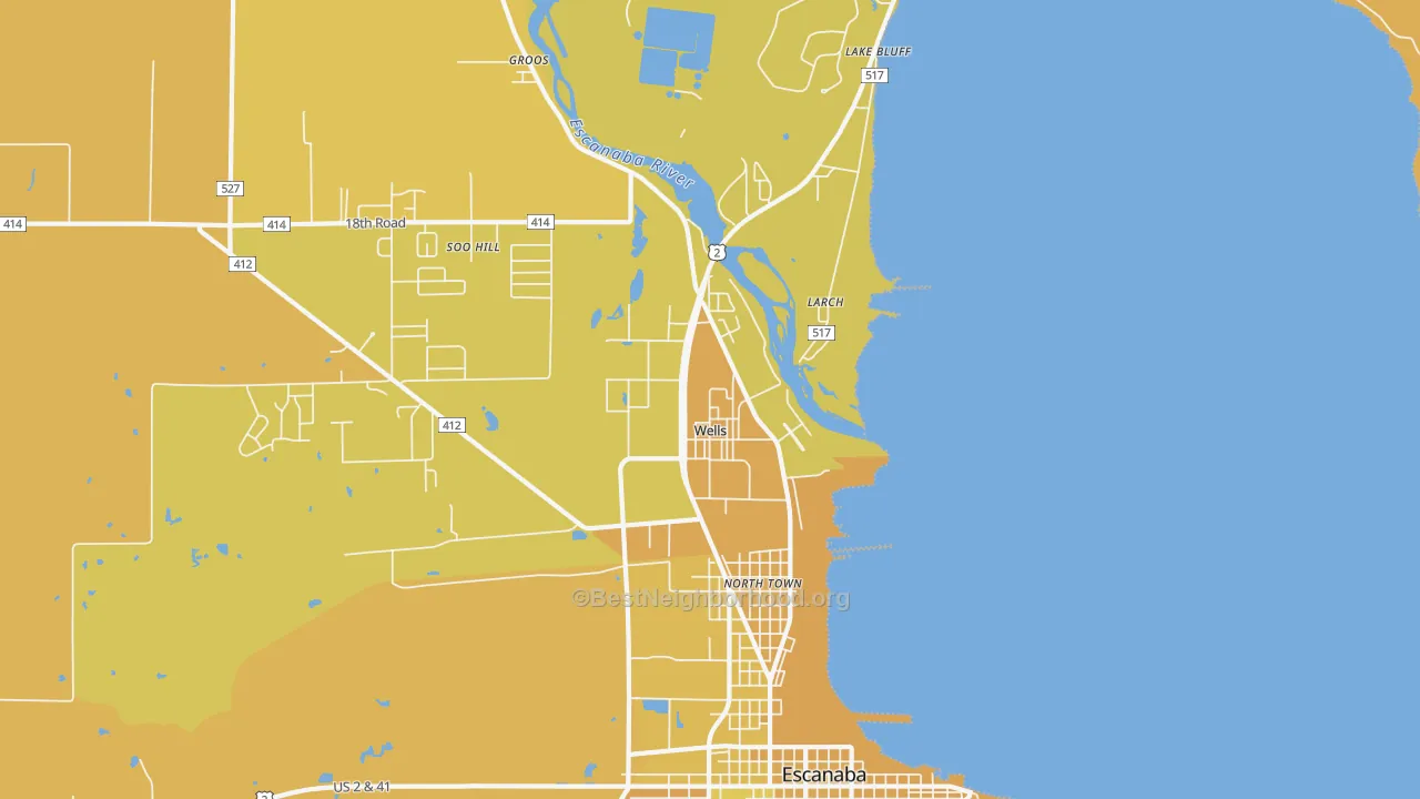 Map of the best neighborhoods in the Wells area, with better matches in green and worse matches in red