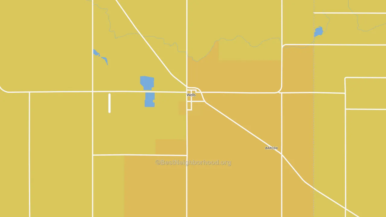 Map of the best neighborhoods in the Wells area, with better matches in green and worse matches in red