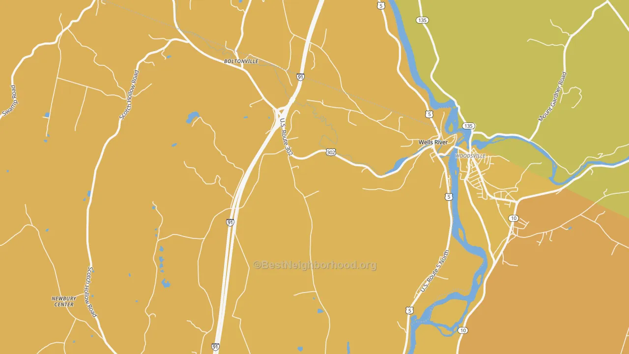 Map of the best neighborhoods in the Wells River area, with better matches in green and worse matches in red
