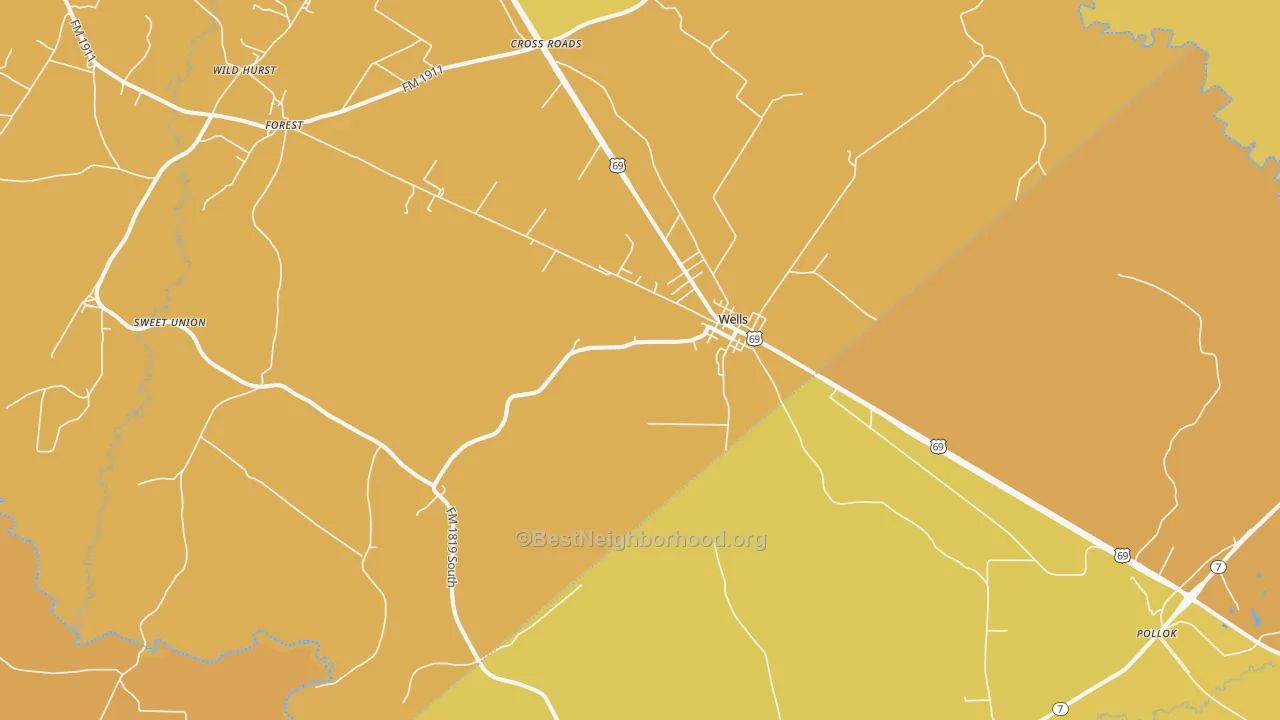 Map of the best neighborhoods in the Wells area, with better matches in green and worse matches in red