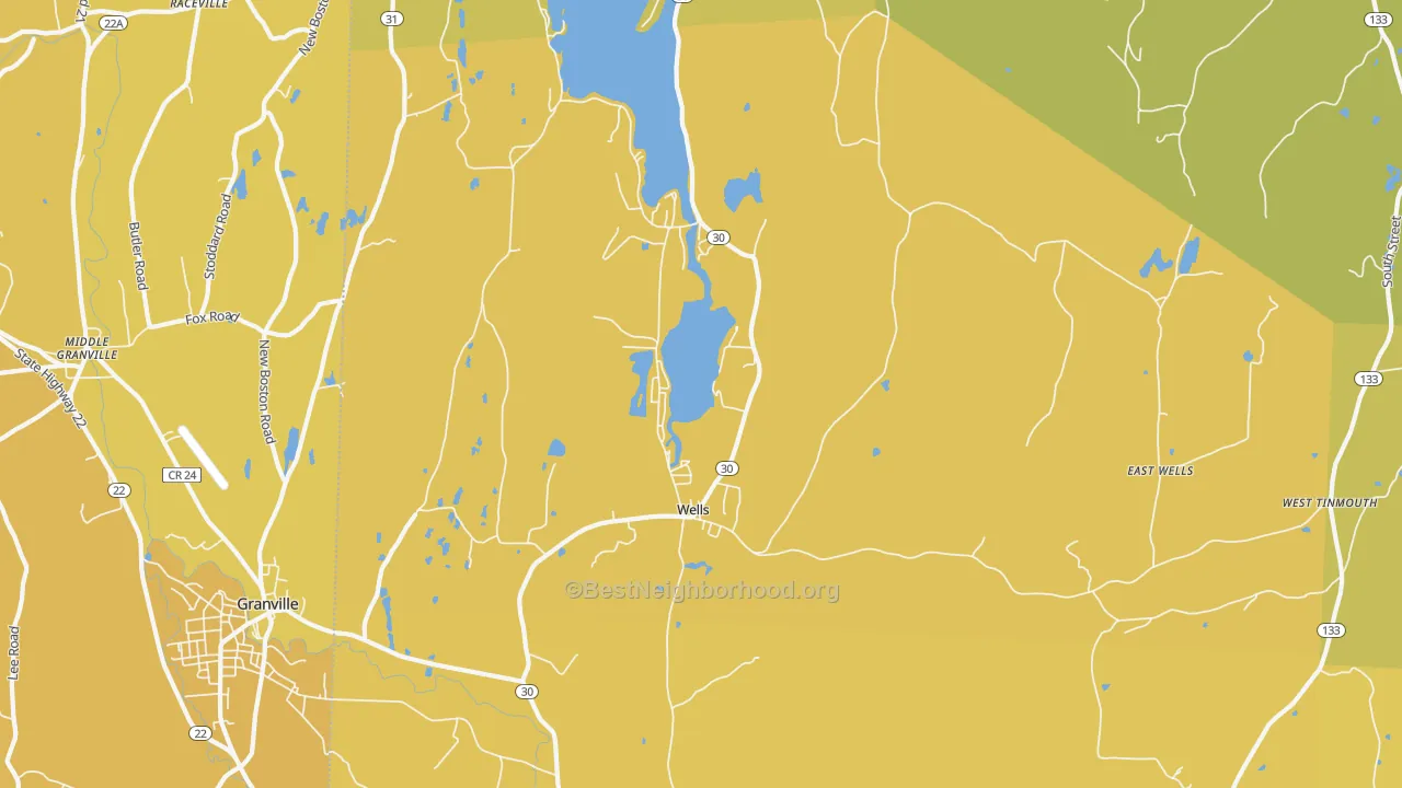 Map of the best neighborhoods in the Wells area, with better matches in green and worse matches in red
