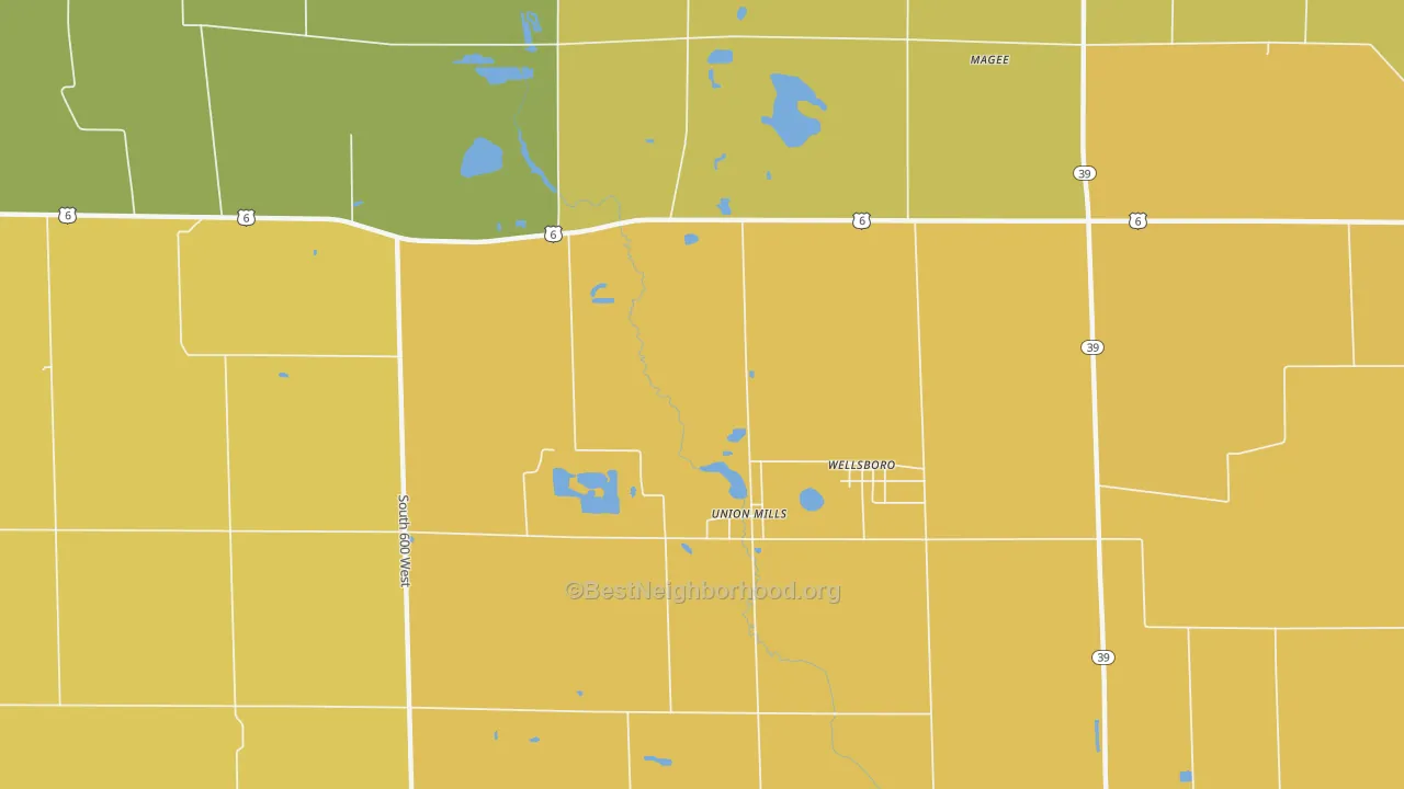 Map of the best neighborhoods in the Wellsboro area, with better matches in green and worse matches in red