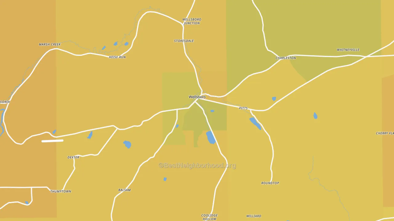 Map of the best neighborhoods in the Wellsboro area, with better matches in green and worse matches in red