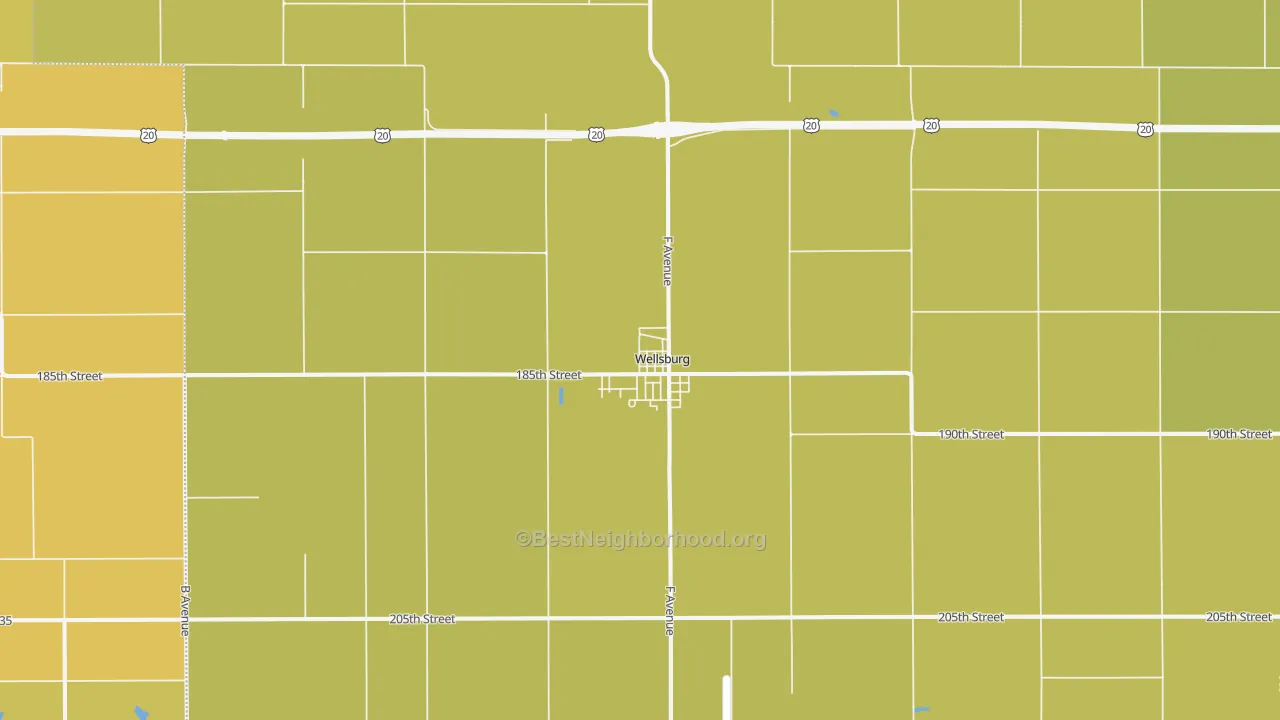 Map of the best neighborhoods in the Wellsburg area, with better matches in green and worse matches in red