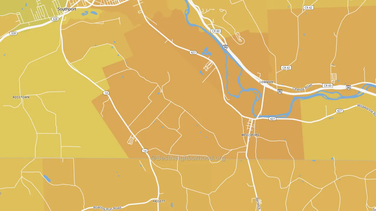 Map of the best neighborhoods in the Wellsburg area, with better matches in green and worse matches in red