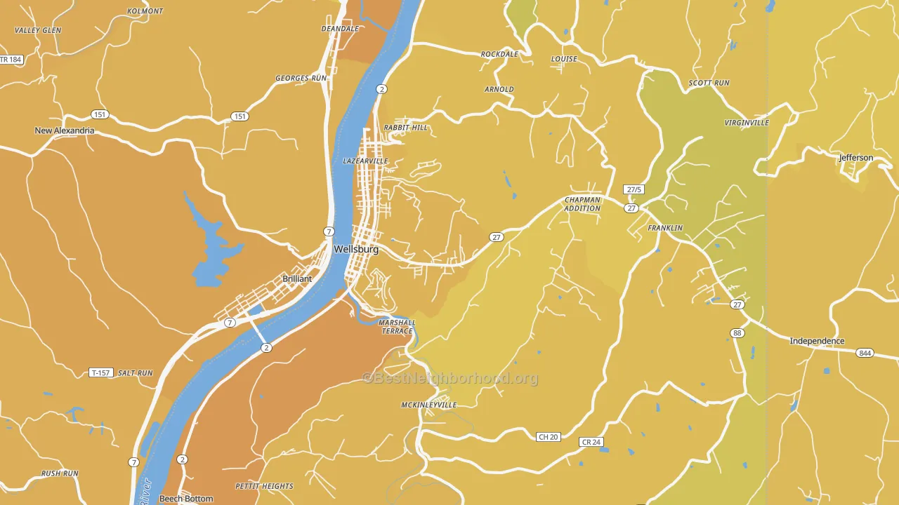 Map of the best neighborhoods in the Wellsburg area, with better matches in green and worse matches in red