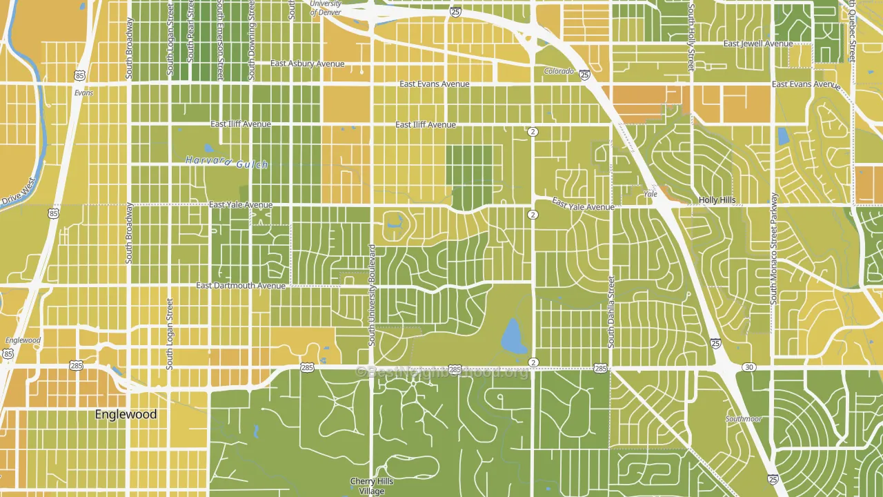 Map of the best neighborhoods in the Wellshire, Denver area, with better matches in green and worse matches in red