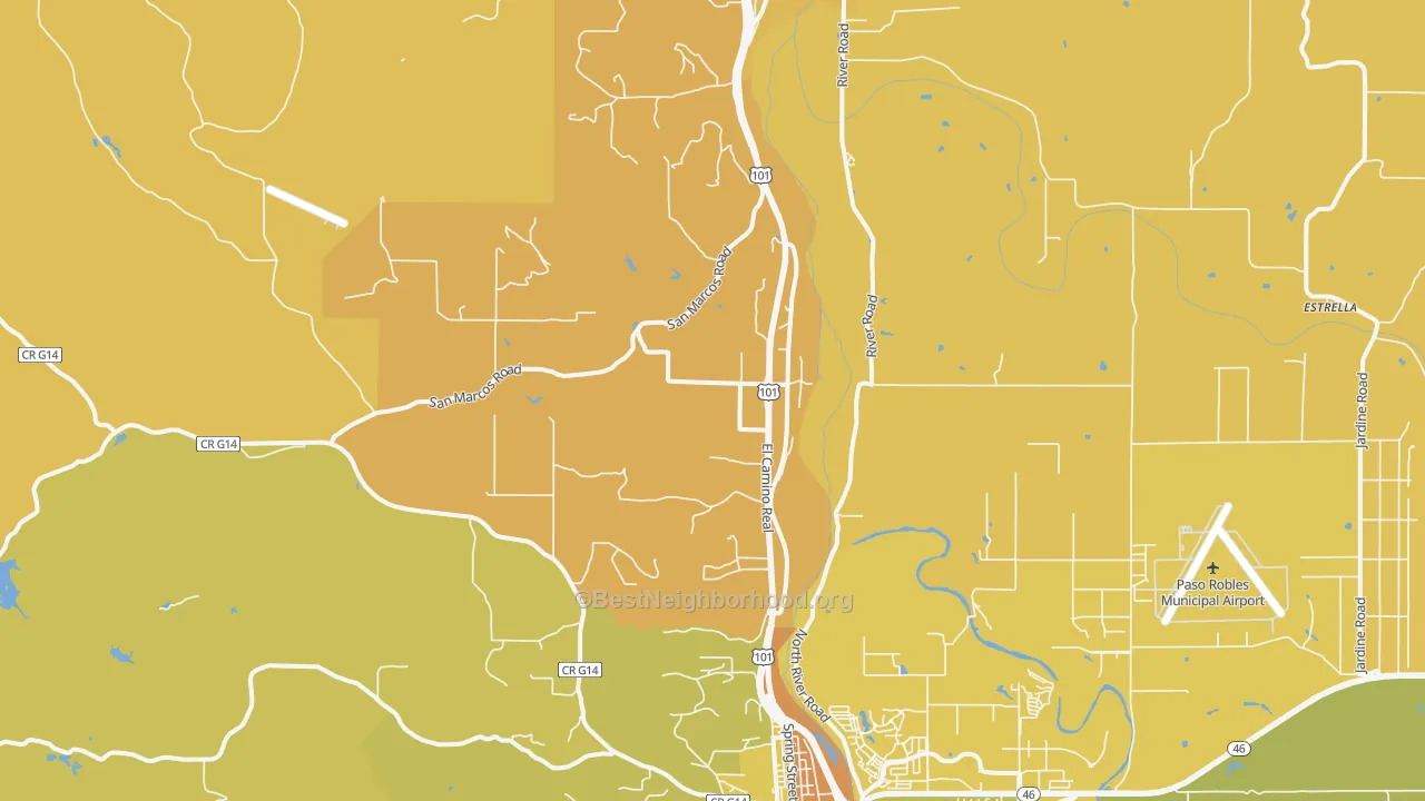 Map of the best neighborhoods in the Wellsona area, with better matches in green and worse matches in red