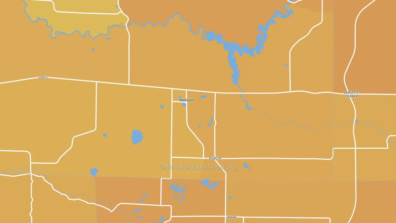 Map of the best neighborhoods in the Wellston area, with better matches in green and worse matches in red