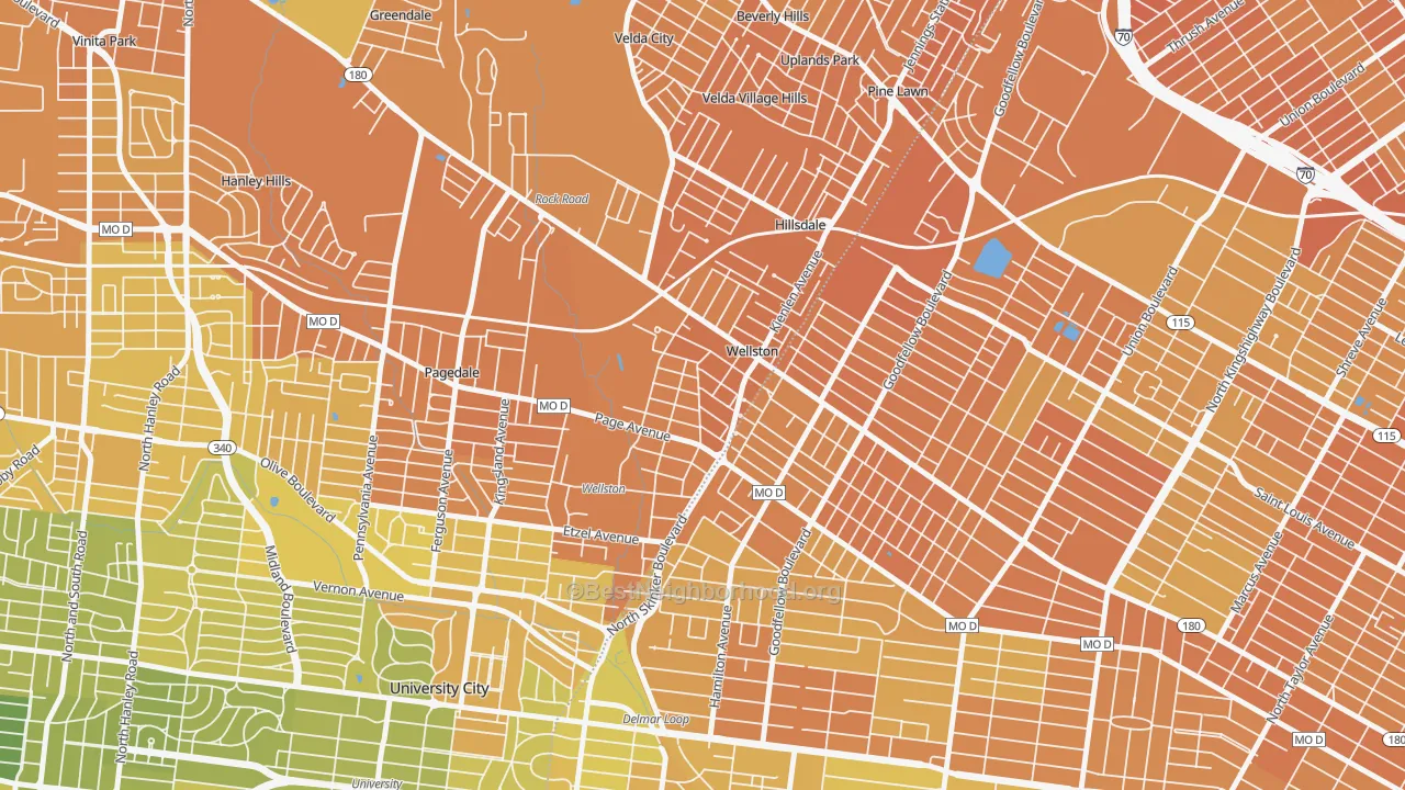 Map of the best neighborhoods in the Wellston area, with better matches in green and worse matches in red