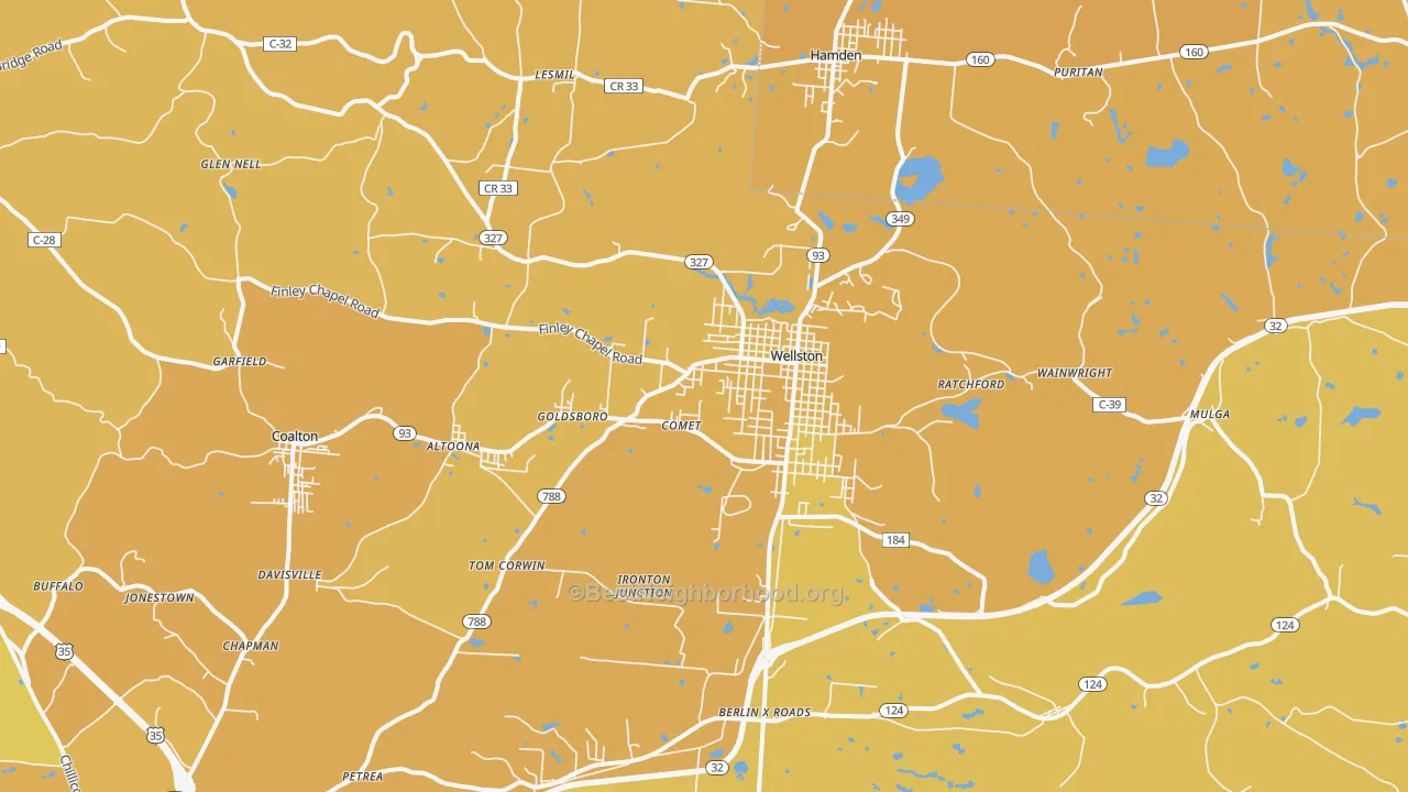 Map of the best neighborhoods in the Wellston area, with better matches in green and worse matches in red